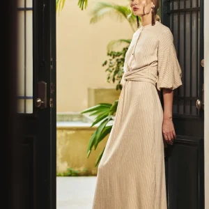 Knotted Maxi Dress - Striped Natural Linen