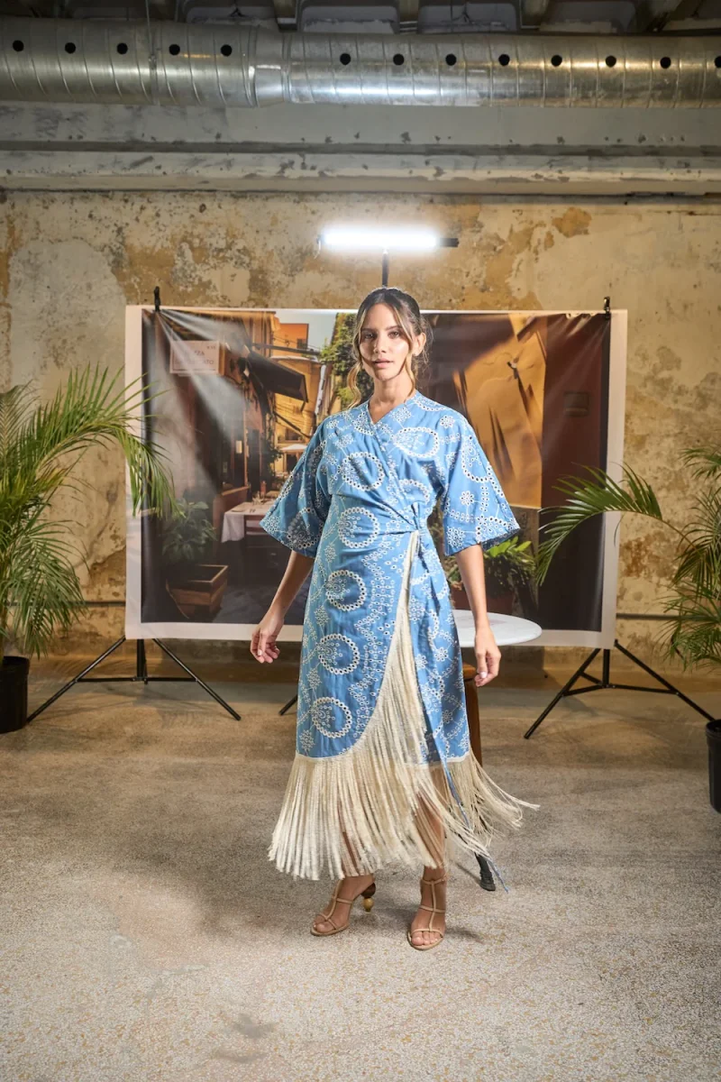 Sunset Kimono Fringe Dress - Light Blue Eyelet - Image 3